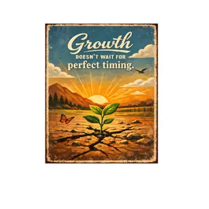 Growth Doesn’t Wait for Perfect Timing Tin Sign Inspirational Quote Metal Wall Decor Vintage Sunrise Plant Artwork Motivational Rustic Sign for Home Office Classroom Farm Garden 8x12 Inch