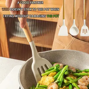 Chinese Style Wooden Handle Silicone Cooking Utensils Set, Non-Stick Kitchen Tools, Silicone Spatula and Spoon, Home Use Outdoor, Kitchen Cooking Accessories
