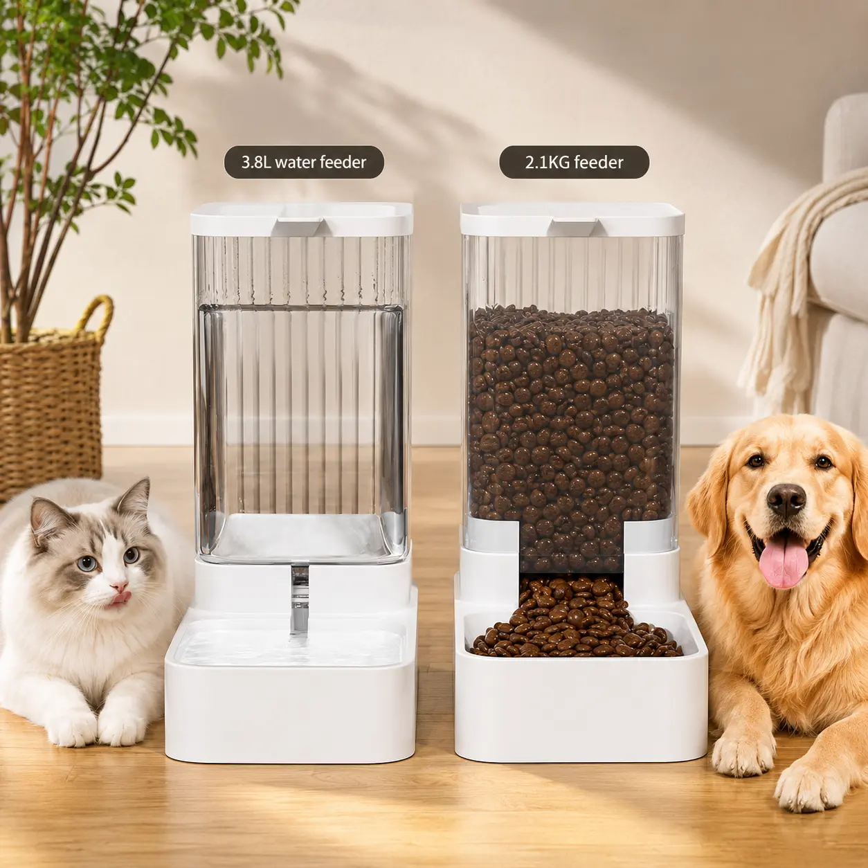 Automatic Pet Feeder and Water Dispenser Set for Dogs Cats 2.1KG Food Feeder 3.8L Water Dispenser Auto Refill Feeding Station for Medium Large Pets Less Refill More Convenience