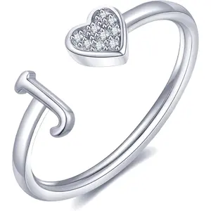 Heart Initial Ring for Women Silver Rose Gold Plated Heart Capital Letter Initial Ring Stackable Rings for Women Adjustable Alphabet Letter Rings Jewelry Gifts