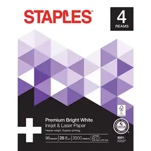 Staples Laser Paper, 8.5" x 11", 28 lbs., Bright White, 500 Sheets/Ream, 4 Reams/Carton (733331)