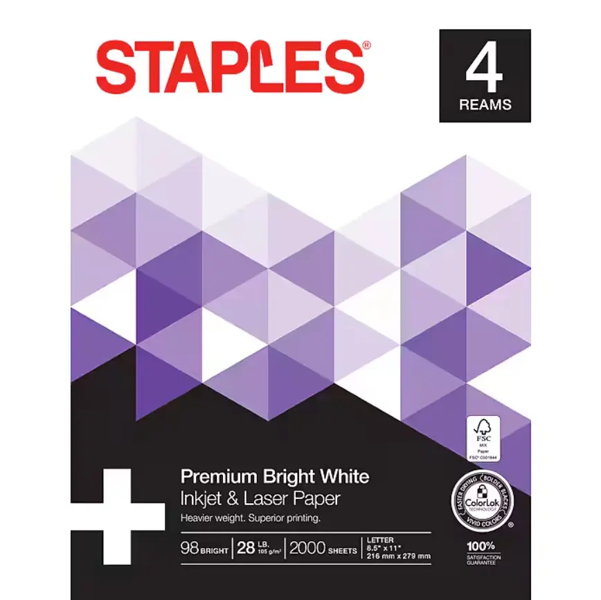 Staples Laser Paper, 8.5" x 11", 28 lbs., Bright White, 500 Sheets/Ream, 4 Reams/Carton (733331)