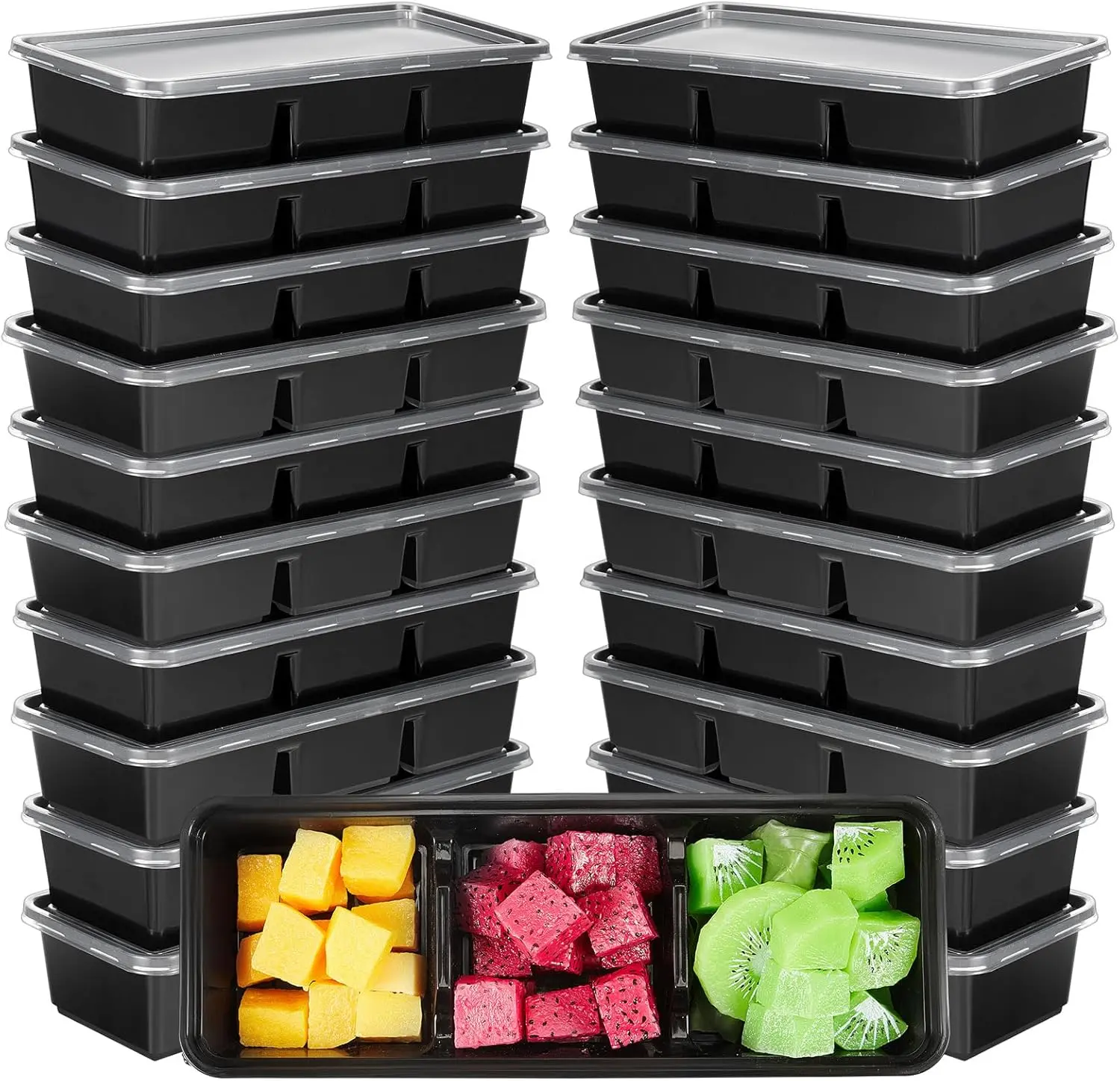 100-Pack 17 oz Kitchen Portable 3-Compartment Meal Prep Containers with Lids, Disposable Plastic Bento Boxes, Stackable Utensils-Compatible for Office, Picnic