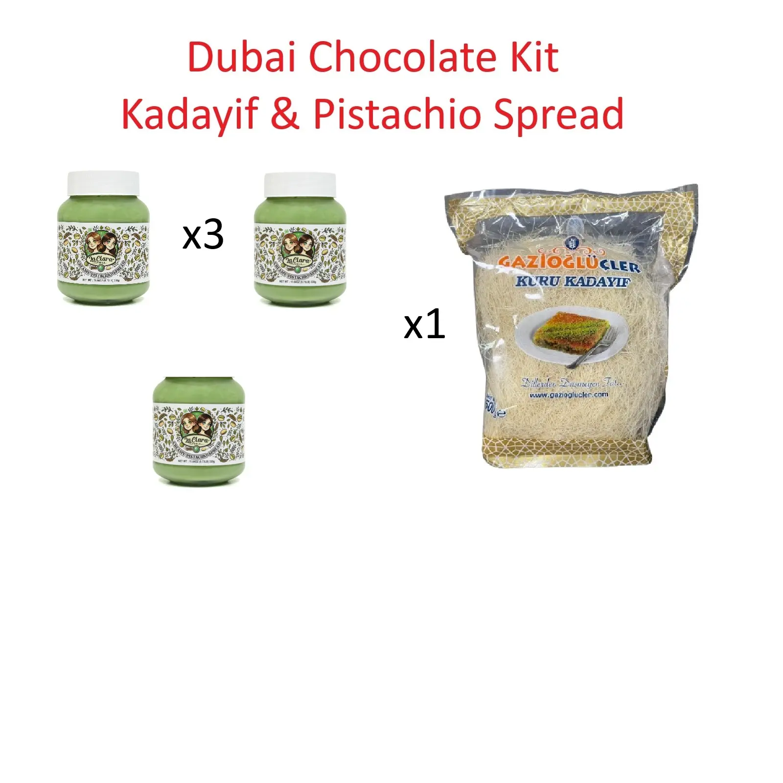 Dubai Chocolate Combo Kit - X3 Creamy Pistachio Spread 330G + x1 Kadayif/Kataifi 500G