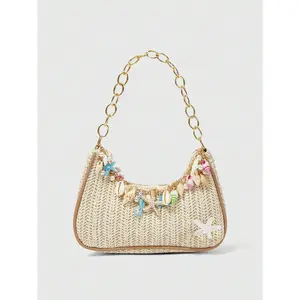 ROMWE Fairycore 1pc Summer Beach Starfish Series Shell & Seashell Woven Shoulder Hand Carry Bag, Beach Bag, Straw Handbag For Women (Charm Color & Style Randomly)