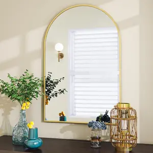 New VooBang Arched Wall Mirror Arch Bathroom Mirror Wall Mounted Vanity Mirror with Arch Metal Frame Modern Bathroom Vanity Mirror for Bedroom Living Room Hanging or Leaning Golden Aluminium Decor