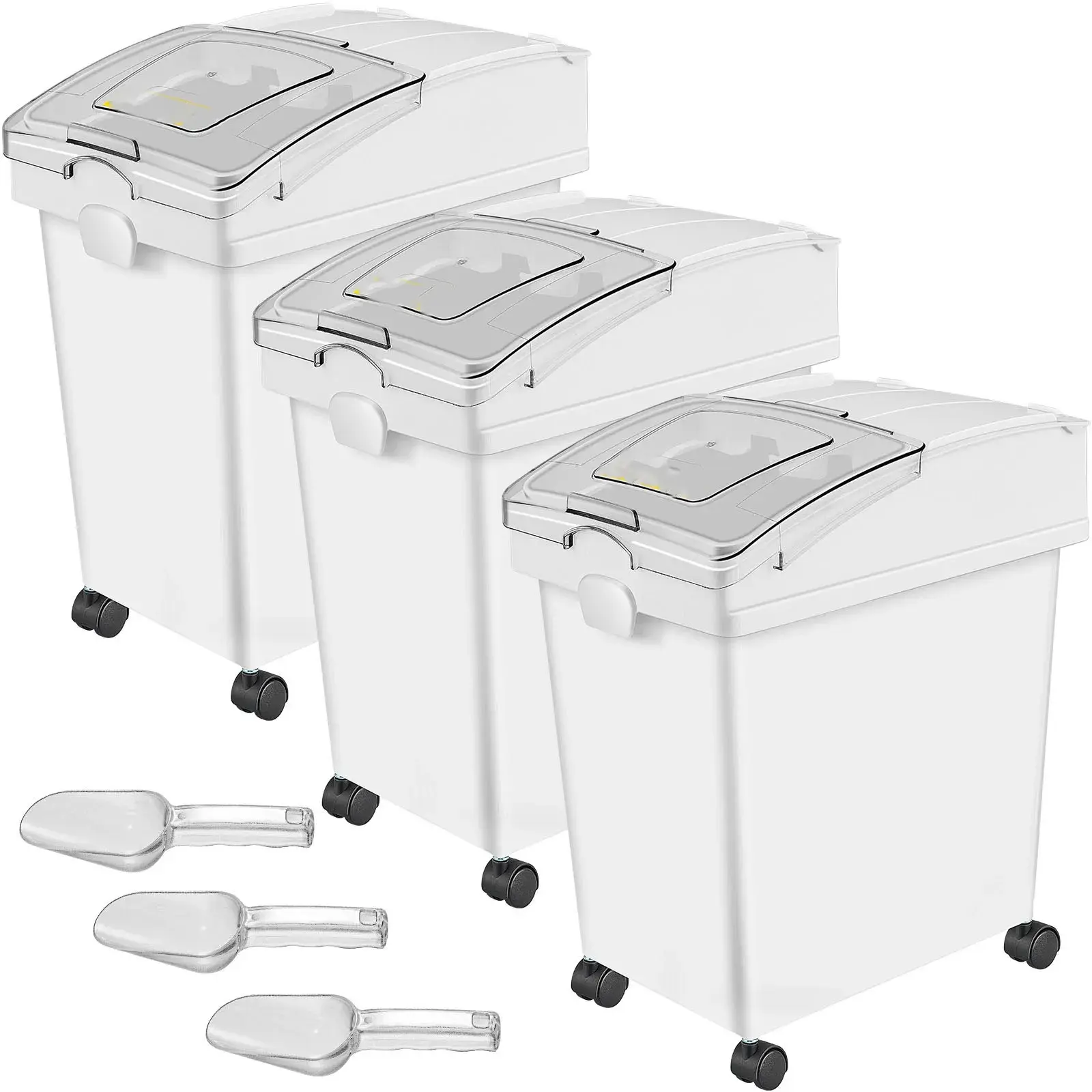 3-Piece 5.2 Gallon Ingredient Storage Bin Set – PP Material Flour Bins with Wheels, Sliding Lid & Scoop | White Commercial-Grade Shelf Bins