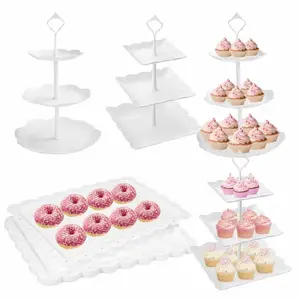 10Pcs White Plastic Dessert Table Stand Set 4Pcs 3-Tier Cupcake Display Stands 6Pcs Dessert Serving Trays Cake Display Tower for Party