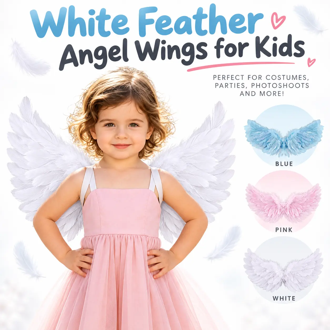 White Feather Angel Wings for Kids, Fairy Costume Accessory for Girls, Realistic Feather Wings for Halloween, Princess Party and Cosplay Photo Shoot