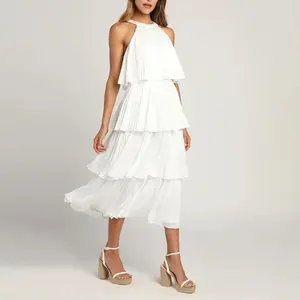 Women's Elegant Ruffled Statement Sleeveless Pleated Chiffon Lightweight Swim Dress Piece - Ideal for Golden Hour Surfing, Outdoor Water Activities | Sports & Outdoor Swimwear