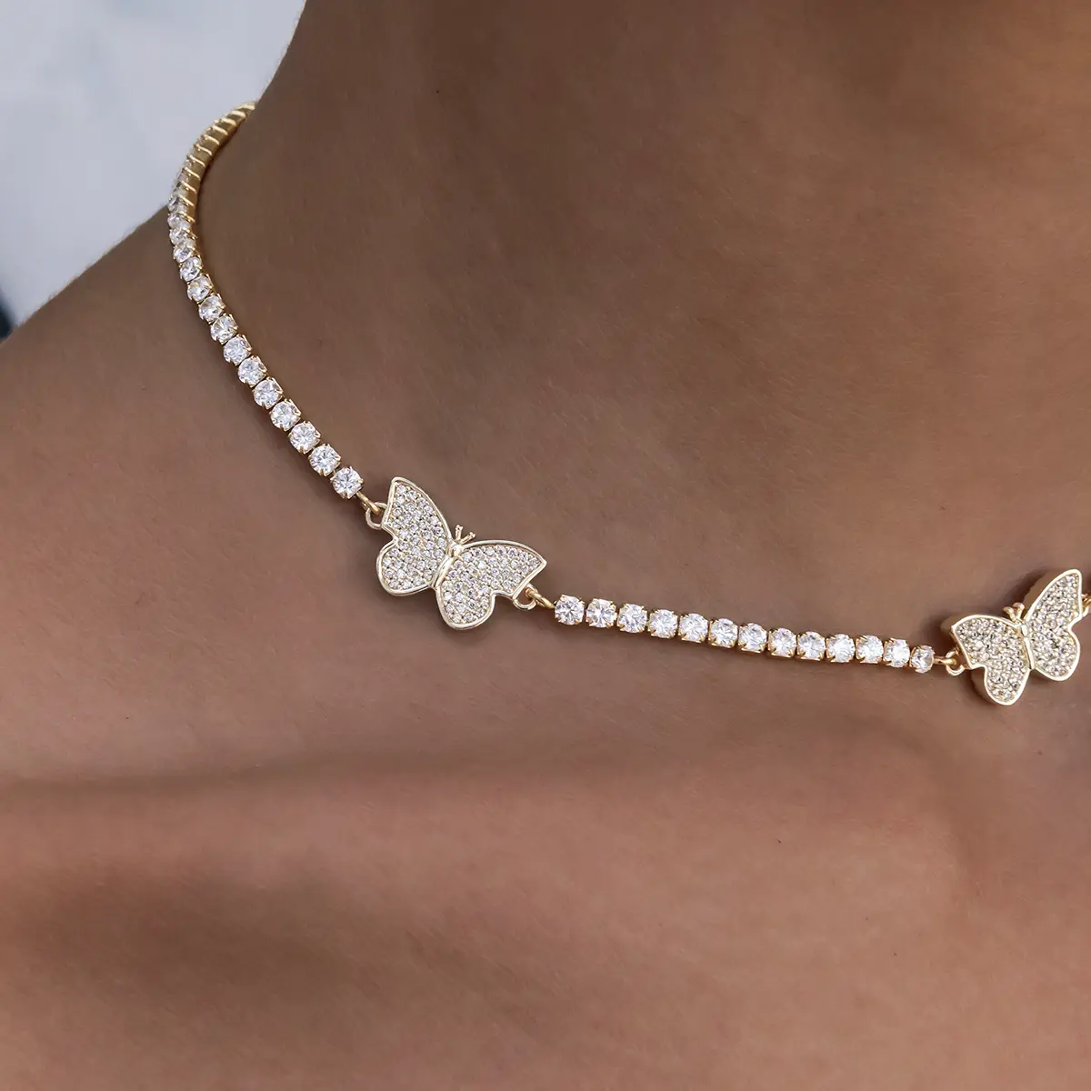 GLD Micro Tennis Butterfly Necklace in Yellow Gold