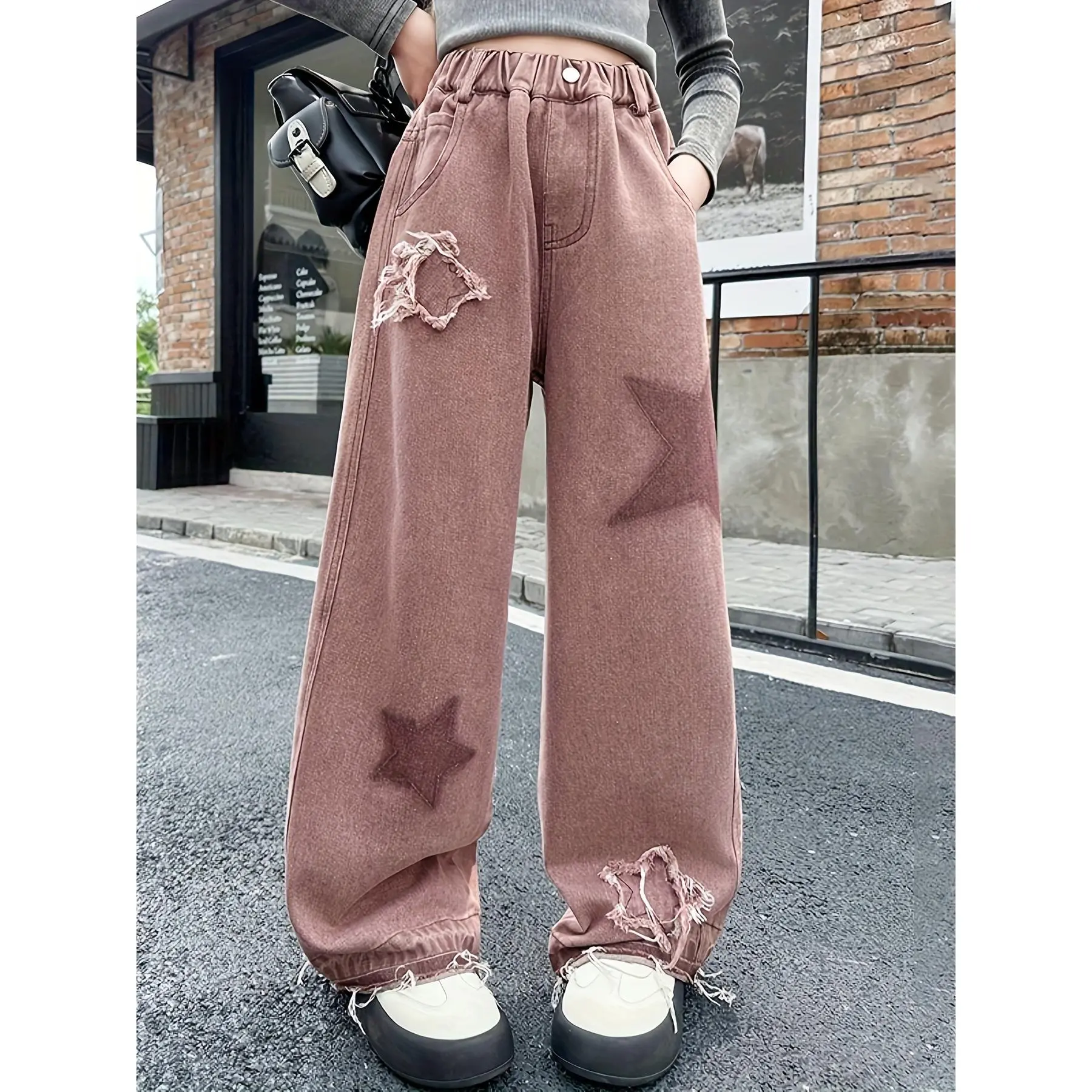 Girls' Wide Leg Jeans with Star Patches - High Waisted Retro Denim for Teens Casual Wear, Sizes 13 - 14 Years, Patchwork Stars, Full Length