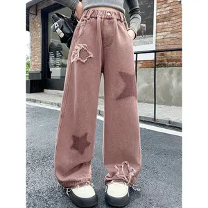 Girls Retro Style High Waisted Wide Leg Jeans With Stars Patches - Casual Spring/Autumn Denim Pants For Teens