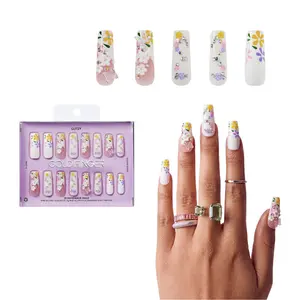 Gold Finger Glitzy 3D Press-On Nails in Posh – X-Long Square Fake Nails, 3D Flowers & Butterfly Charms, Luxury Glue On Nails, 28 Pc Kit