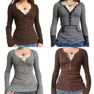 Women’s Vintage Lace Patchwork Cute Cotton T‑Shirts, Korean Fashion, Buttons, Fairy Grunge Y2K Style, Casual Spring/Autumn Retro Tops, Women’s Wear, Gamis