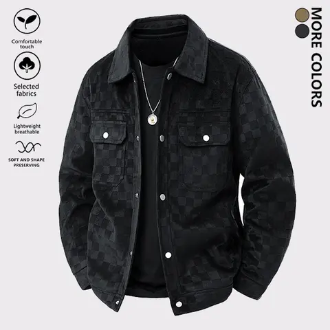 Men's Plaid Soft Suede Lapel Knitting Jacket - Fitted Korean Menswear Outerwear, Long-Sleeve Loose Breathable Button-Closure Coat for Autumn Winter Daily Wear