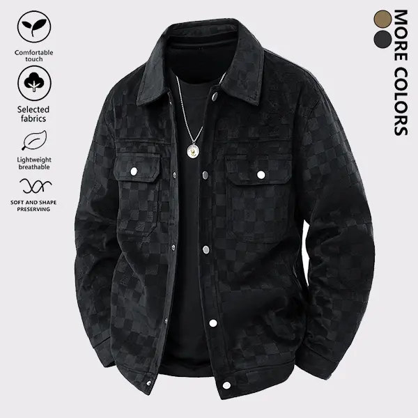 Men's Plaid Soft Suede Lapel Knitting Jacket - Fitted Korean Menswear Outerwear, Long-Sleeve Loose Breathable Button-Closure Coat for Autumn Winter Daily Wear