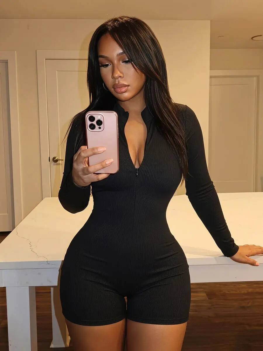 OFFGIRD x Casual White Ribbed Long Sleeve Front Zipper Jumpsuit - E