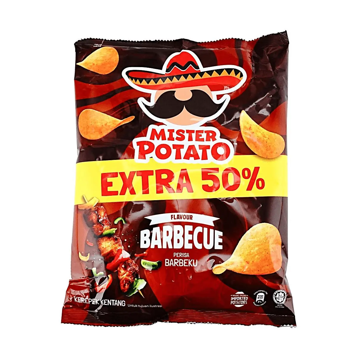 Mister Potato BBQ Flavor Low Sodium Potato Chips 90g - Ambient Temp Crisps, Malaysian Snack for Campfire-BBQ Parties & On-the-Go, Low Sodium Snacks, Campfire / Bbq Party