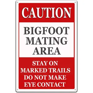 Sasquatch Art Decor Vintage Tin Sign,Caution Bigfoot Mating Area Funny Warning Art Bigfoot Metal Sign Metal Poster for Home Kitchen Bar Pub Man Cafe Decor 12x8 Inch