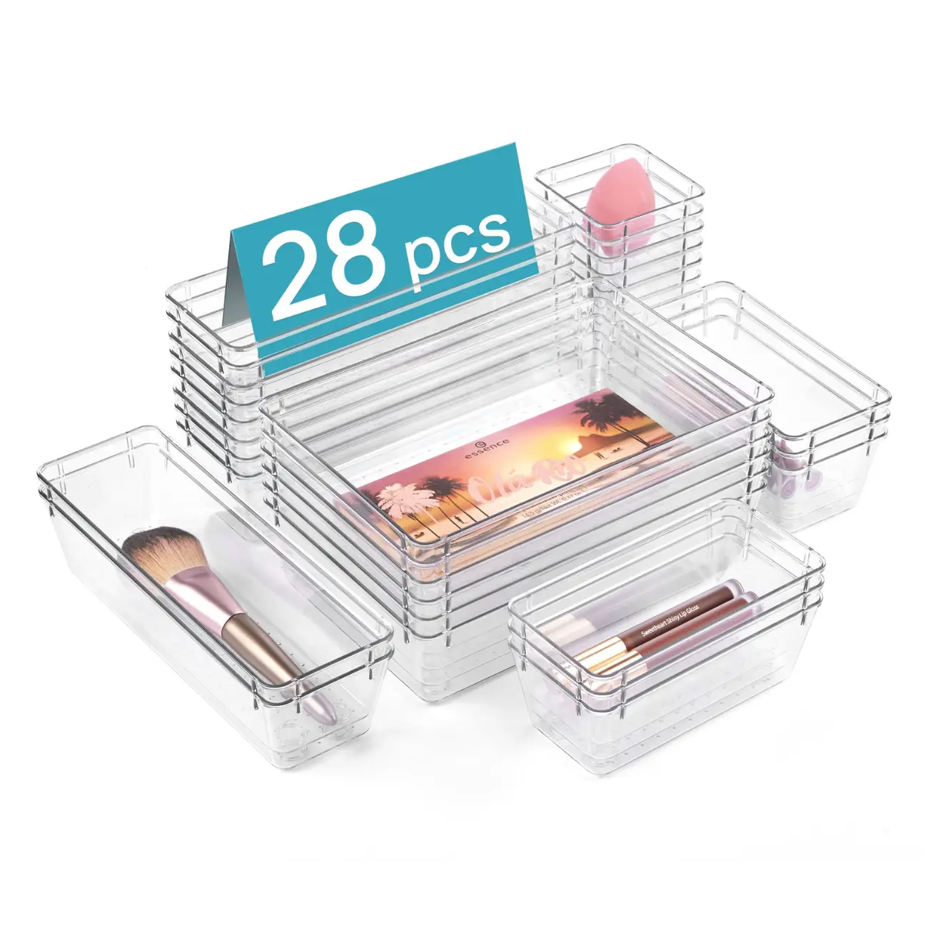 [New Deal] 28 PCS Clear Plastic Drawer Organizers Set, 4-Size Bathroom and Vanity Drawer Organizer Trays, Acrylic Storage Bins for Makeup Boxes Divided Compartments, Customizable Storage, Durable Storage Organizer