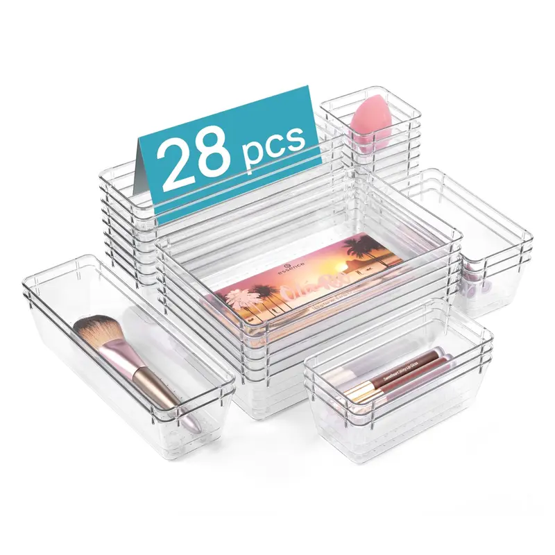 28 PCS Clear Drawer Organizer Set, 4 Sizes Acrylic Storage Bins for Bathroom, Vanity & Makeup  Boxes Divided Compartments, Modern, Rectangle