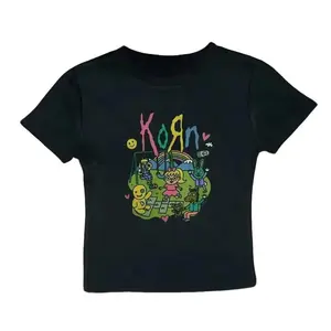 2000s Korrn Outfit Baby Tee, Fashion Y2k Style Punk Print Tops, Women Graphics Punk Crop, Vintage Emo Girls, Gothic Fairycore Grunge Baby Tees, Summer Outfits, Downtown Girl Baby Tee, Gift For Her, Outfits