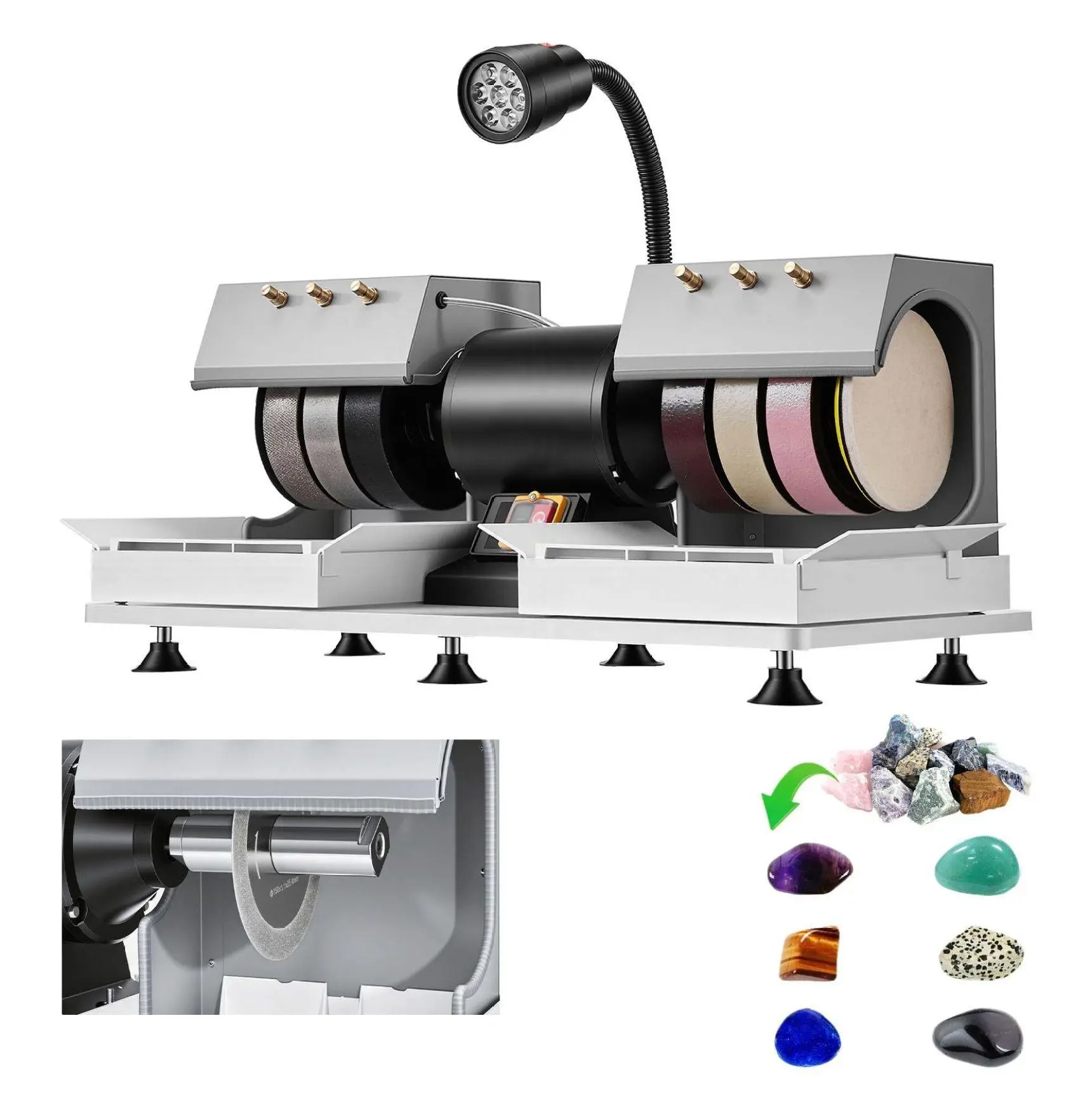 Cabbing Machine 6 Inch, 2/5 HP Lapidary Grinder Polisher, Rock Polishing Equipment with Diamond Wheels, LED Light, Water System for Gemstones, Crafts Default