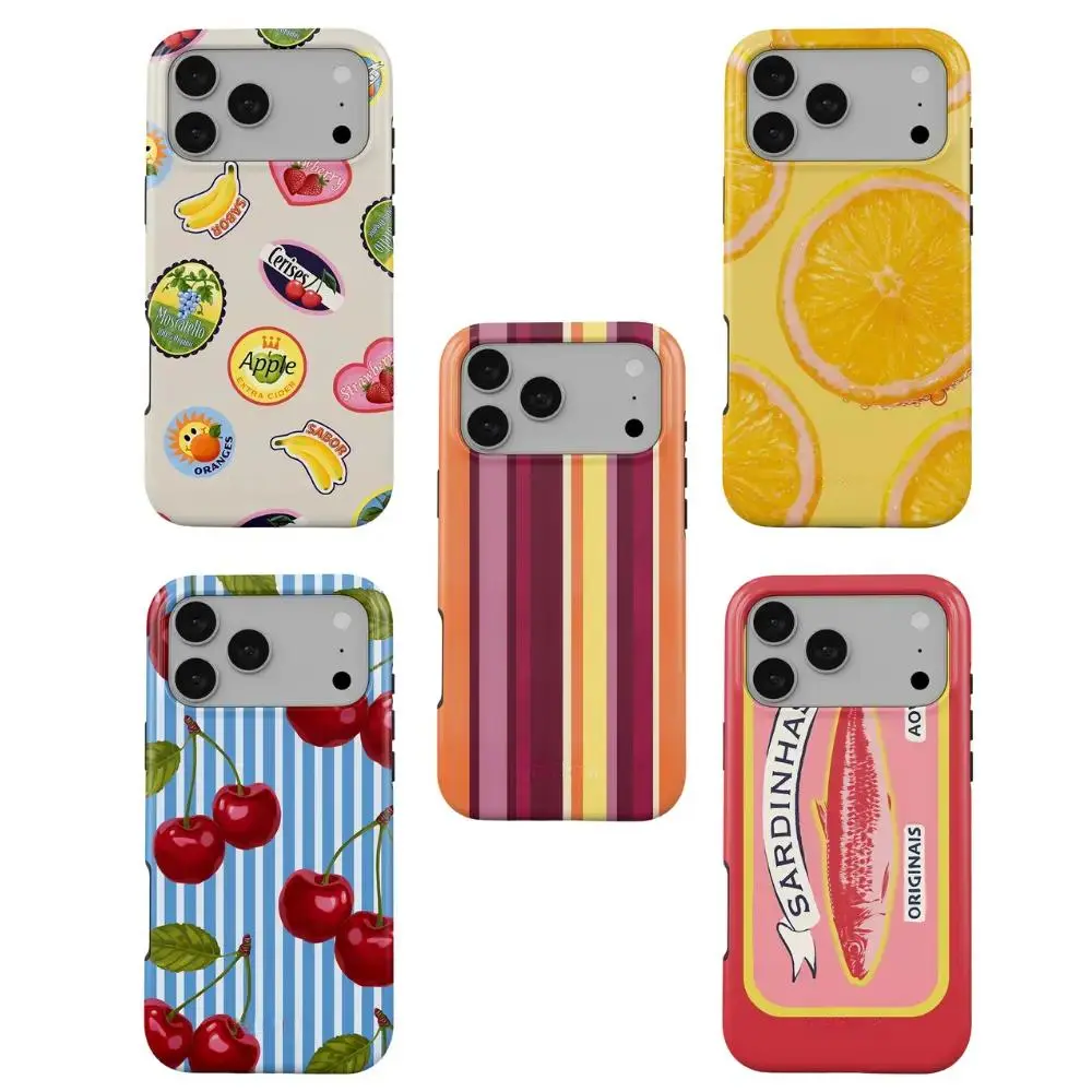 Retro Aesthetic Impact-Resistant Polycarbonate-Rubber Handheld Cellphone Case - Cute Cherry, Orange Slice, Sardine Art, Striped Groovy Designs, 2-Piece Set for iPhone 17-11 Pro Max Plus & Samsung Galaxy S26-S22 Ultra