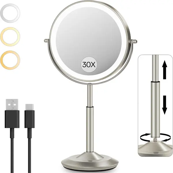 30X/1X Makeup Mirror with Lights, Height Adjustable Lighted Magnifying Vanity Mirror with 3 Lighting and Adjustable Brightness, 3000mAh Rechargeable Double Sided Switch for Desk Women Gift