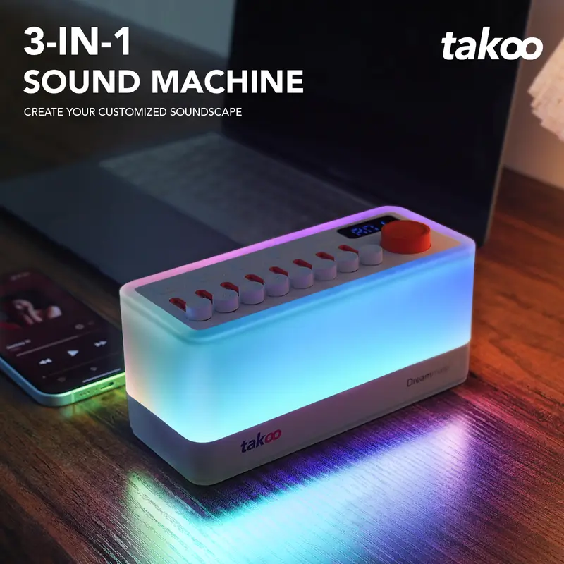 TAKOO 3-in-1 Rechargeable Multifunctional Speaker - 3-in-1 Sound Machine, Pink Noise Machine, Baby Night Light, 8 Mixable Nature Sounds, Brown/Green Noise, 11 Ambient Lights, 180-Min Timer Auto Shut-Off, Plug-In Bluetooth Nursery Aid