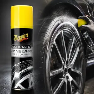 Meguiar's Ultimate Insane Shine Tire Coating, tire shine aerosol, highest gloss, soaking wet look, extreme depth, black tire finish, synthetic polymers, resin bond, lasting protection, no wipe spray, car detailing, truck tires, SUV tires, exterior care