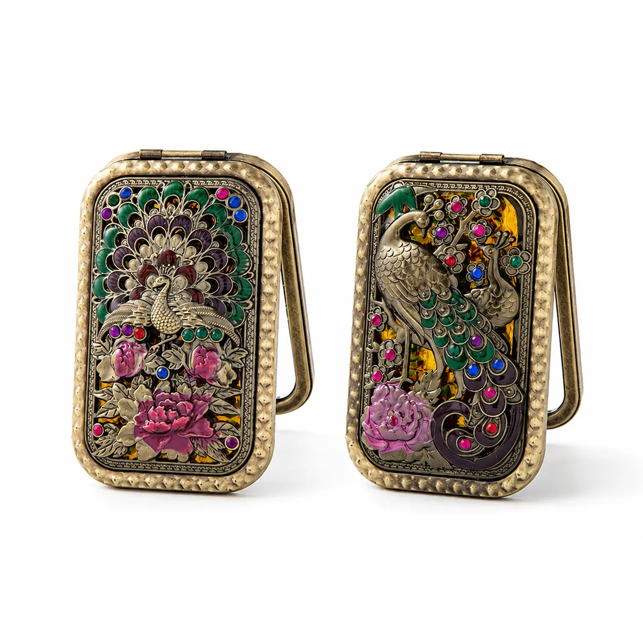 Vintage Peacock Compact Mirror, Portable Double-Sided Makeup Mirror, Antique Metal Pocket Mirror for Purse, Travel, Daily Touch-Ups & Gift