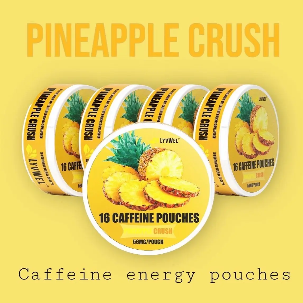 Lyvwel Pineapple Crash Energy Drink 3-Pack - 16 Pouches per Can, 56mg Caffeine, Pre-Workout, Mental Clarity, Daily Electrolytes, Flavorful Sport Beverage, Gluten Free