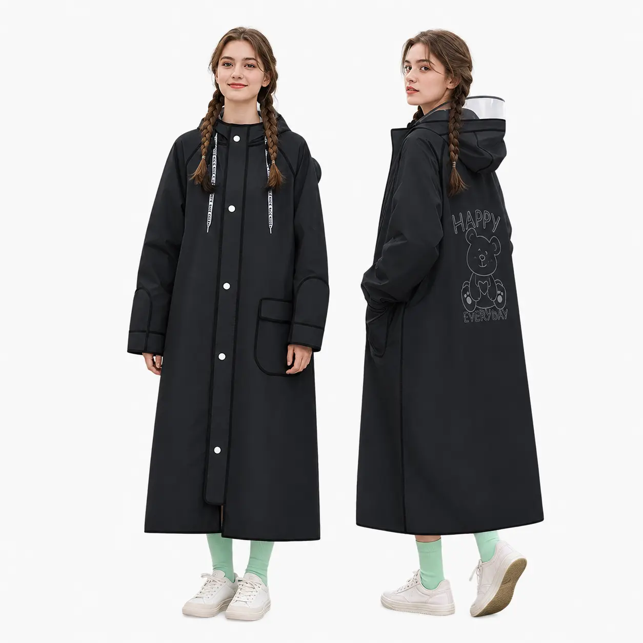 Lady's Women's Clothes Waterproof Raincoat - Sports & Outdoor Trench Coat, Lightweight Long-Sleeve Outerwear with Adjustable Hood, Pockets, Extended Hem, Dual Placket, Eco-Friendly Fabric for E-Bike Riding