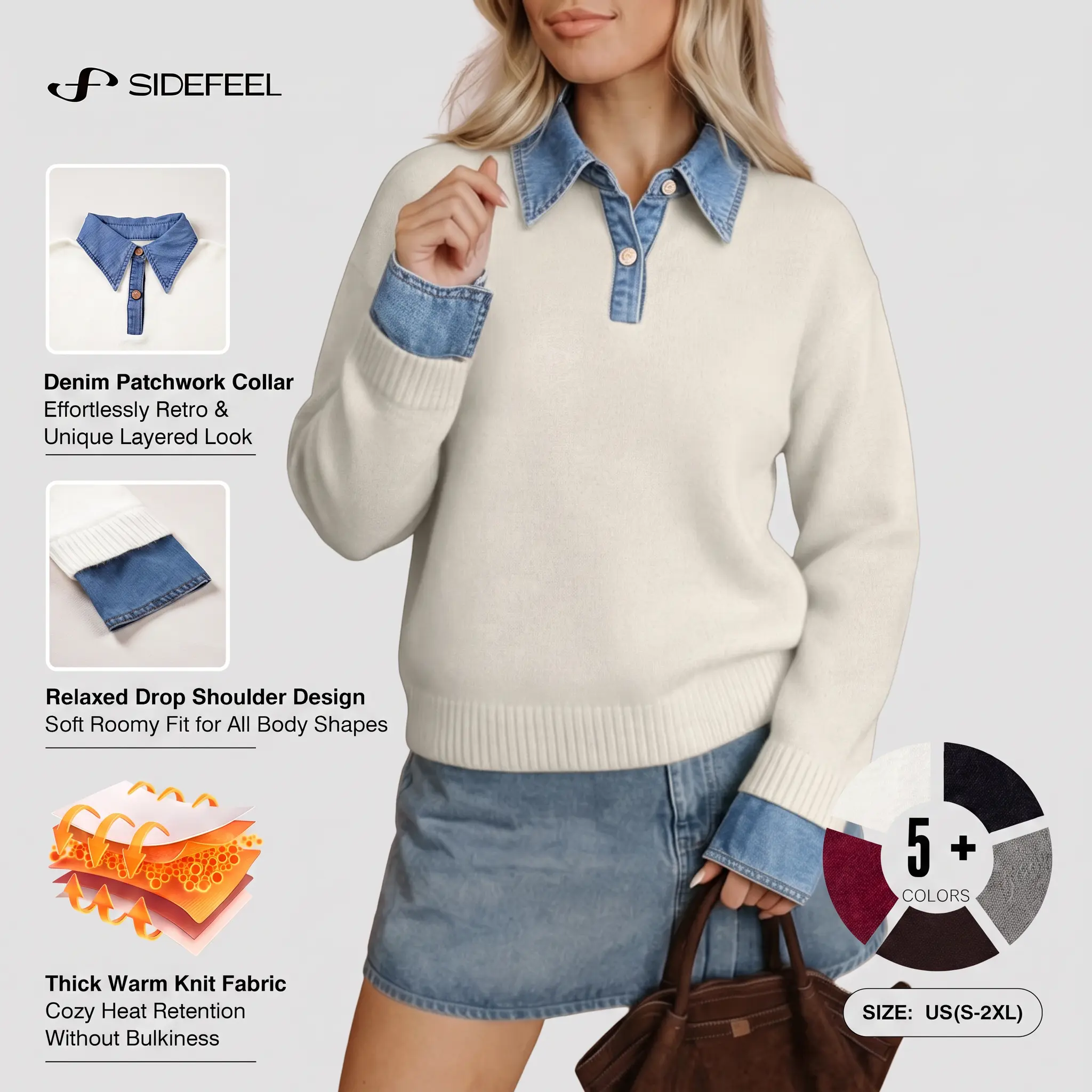 Sidefeel Women's Denim Patchwork Polo Collar Sweater | Thick Warm Knit, Retro Layered Look,Half Button, Long Sleeve, Relaxed Drop Shoulder, Fall and Winter Tops