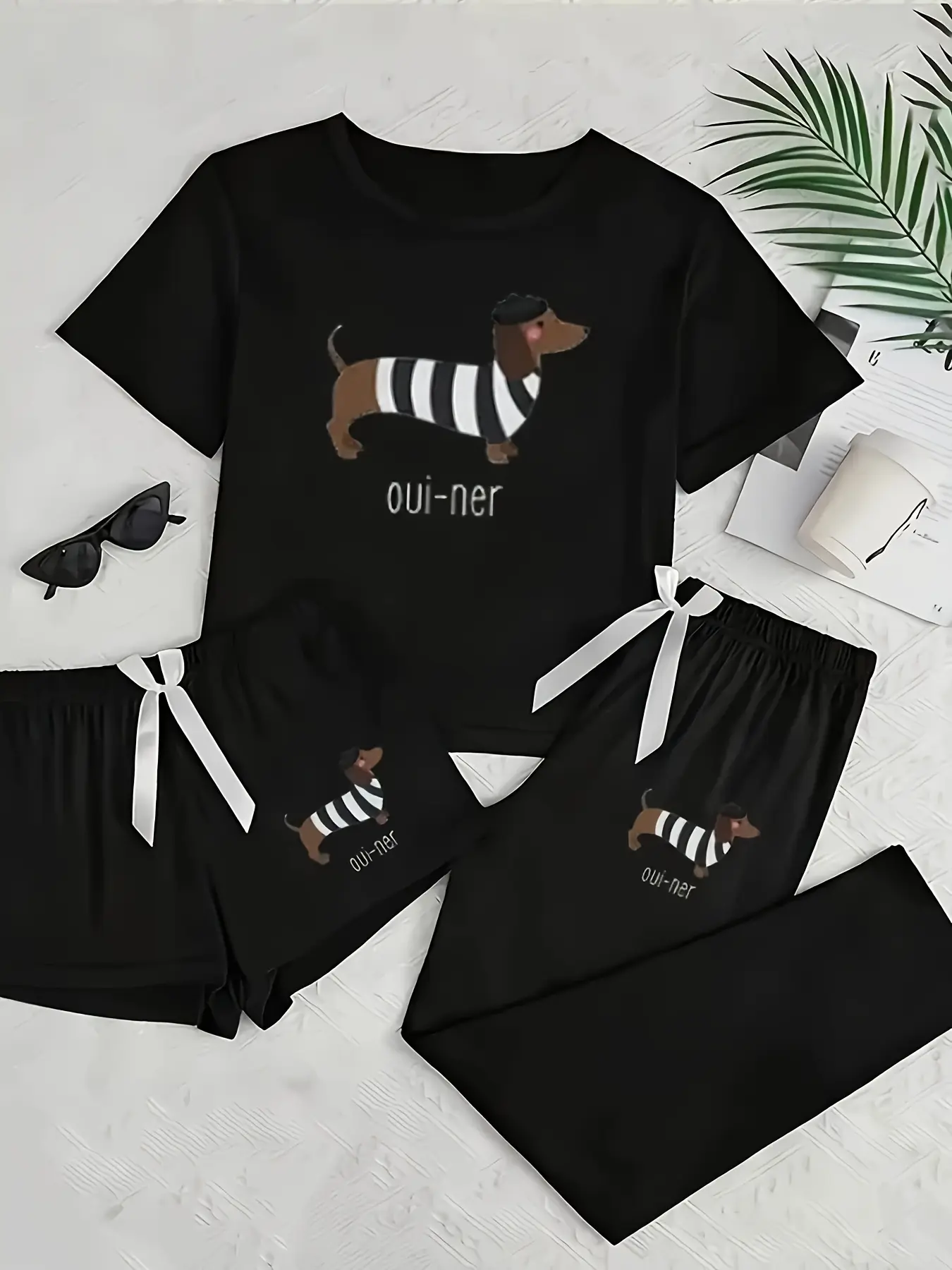 Women's Cartoon Sausage Dog Print Pajama Set, Casual Comfy Pajama, Sleepwear Loungewear Set, Casual Fitted Sleepwear, All Seasons Comfortable Nightwear, Moderate Fabric Thickness, Sleep Sets, Lounge Pj Set, Pajamas Lounge Set