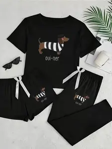 Women's Cartoon Sausage Dog Print Pajama Set, Sleepwear Loungewear Set, Casual Fitted Sleepwear, All Seasons Comfortable Nightwear, Moderate Fabric Thickness