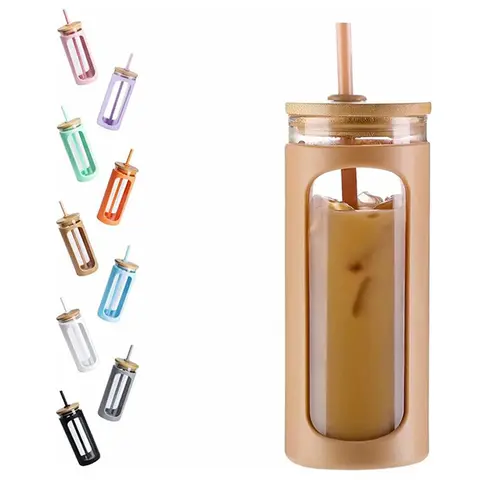 WINSA 20oz Borosilicate Glass Cup - Portable BPA-Free Leak-Proof Tumbler with Bamboo Lid, Straw, Silicone Sleeve, Wide Mouth for Iced Coffee, Gym Use (Coffee Tumbler)