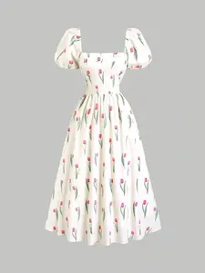 Elegant Tulip Floral Print Summer Long Dress with Puff Sleeves Square Neck Boho Style Midi Length Woven Fabric - Casual