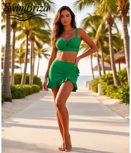 Briza｜Women's Twist Front Two Piece Swimsuit for Beach Vacation Summer Pool Resort High Waisted Ruffle Bikini Set Push Up Padded Matte Stretch Green Swimwear Adjustable Straps Cute Bathing Suit, Women's Swimwear, Bathing Suit for Women