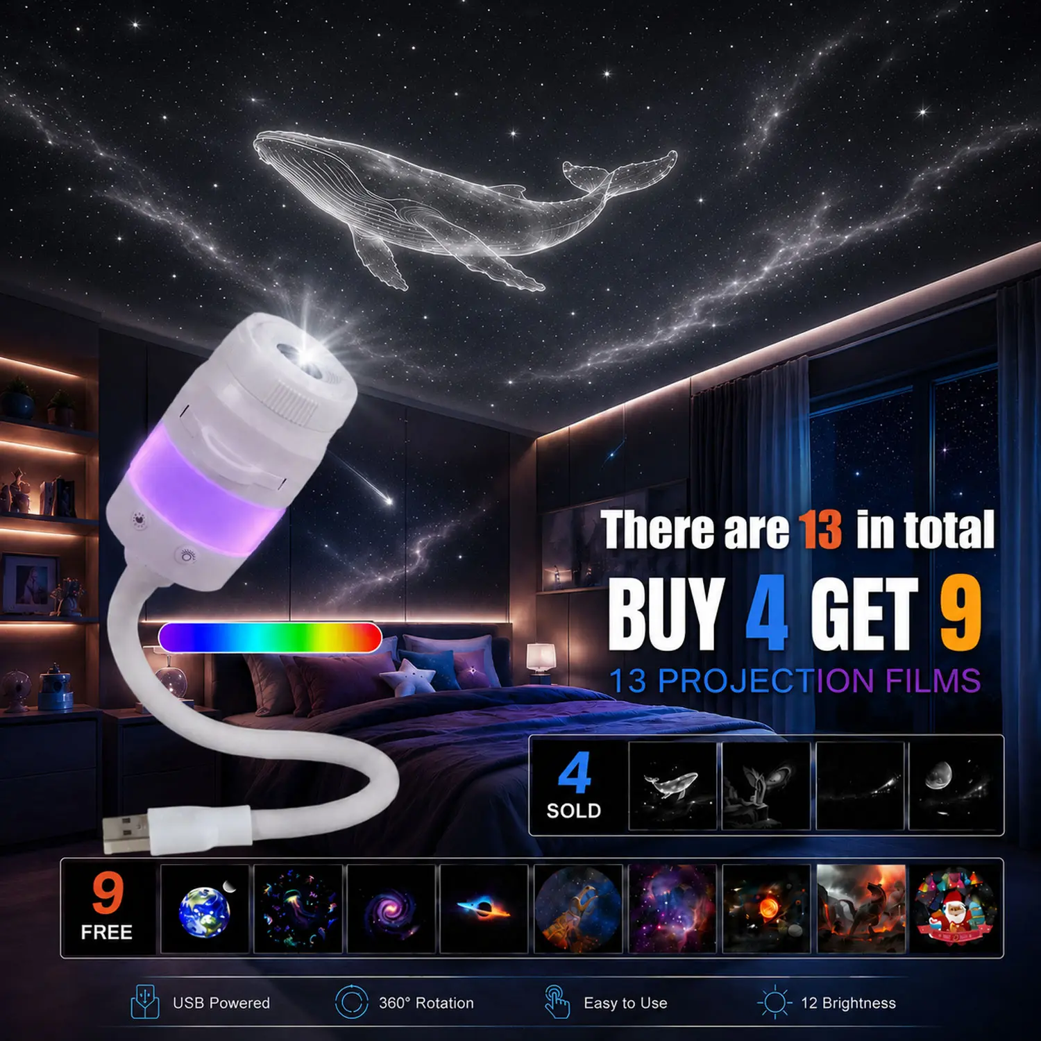 2-in-1 Galaxy Star Projector & RGB Night Light with 13 Cosmic Lenses (Buy 4 Get 9 Free), 360° Flexible Room Projector for Room Decor, Gaming Setup, Kids Bedside Lamp, Gift Choice