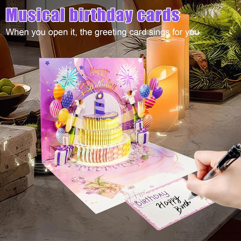 Musical 3D Pop-Up Birthday Card with Lights & Fireworks Cake – Sings 'Happy Birthday', Includes DIY Age Numbers + Envelopes | Perfect Gift for Women, Men, Mom, Dad, Kids & Teens