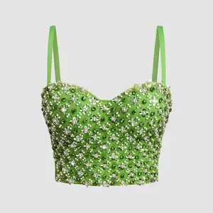 Tank Tops Bra Blusas Short Hand-Stitched Hot Beading Sequins Green Summer Spring Corset Woman Vest Sexy Clothes Girls Hook Clothing Sling Wedding Party Blind Date Stage Party Shaper Ladies Crop Shirt Tube Tops