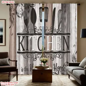 2D Flat 2Pcs Farmhouse Kitchen Themed Curtains Rustic Wood Grain Print Window Drapes for Dining Room Living Cafe Decor, Decorative Rod Pocket Panel, Home Decoration Curtain, Home Textile
