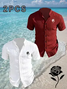 2 Pcs Men's Rose Print Stand Collar Shirts, 95% Polyester 5% Spandex, Casual Short Sleeve Button Down Tops, Summer Beach Vacation Shirts for Men