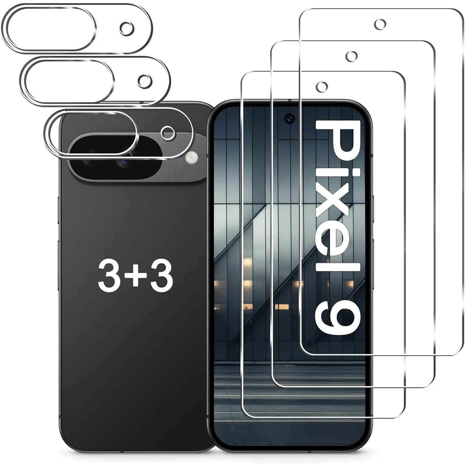 [3+3 Pack] Pixel 9 Screen Protector + Camera Lens Protector, 9H Tempered Glass, Fingerprint Unlock, Anti-Scratch, Easy Installation, HD Screen Protector for Google Pixel 9 5G