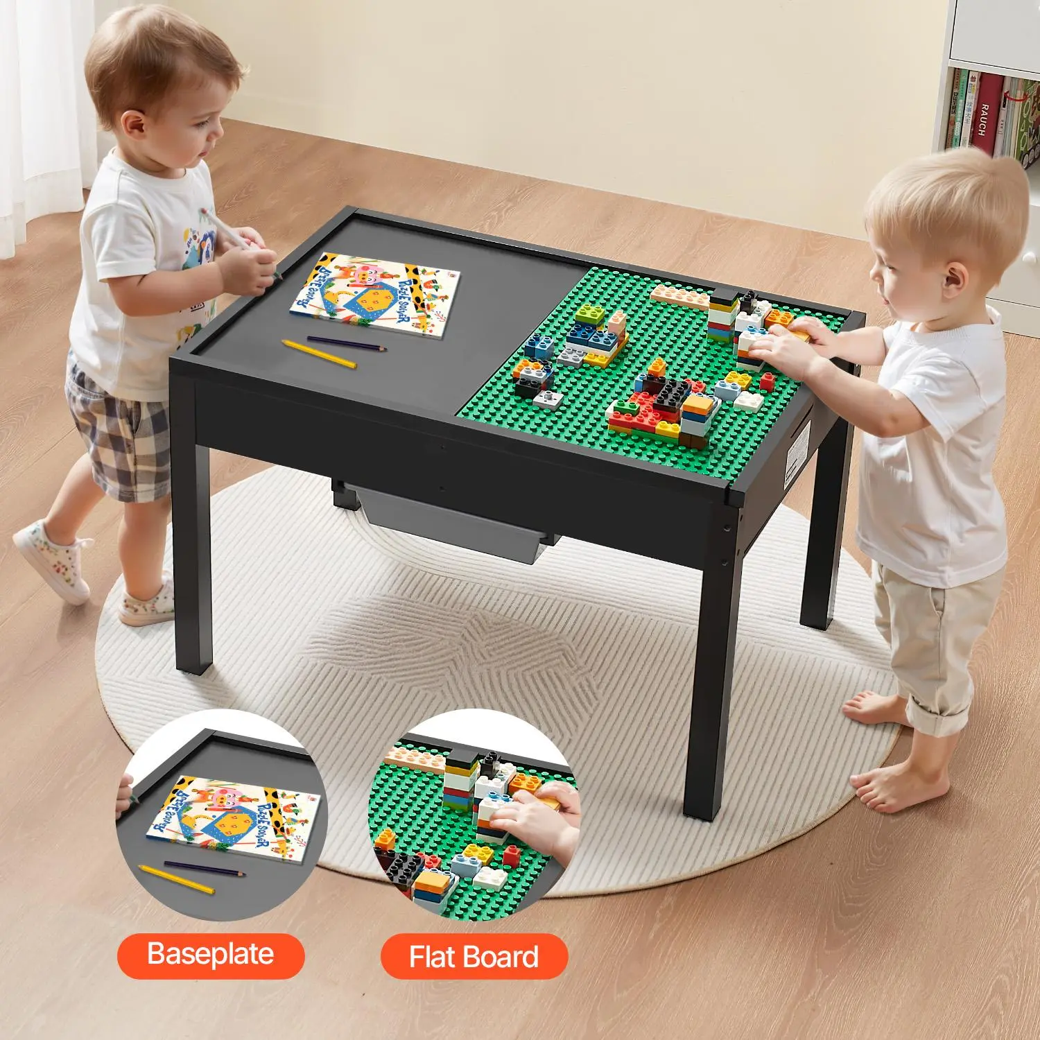 【SummerFinds】VEVOR Kids Wooden Activity Table,  Building Blocks Double-Sided Tabletop, Multi-Purpose Activity Play Table with 2 Storage Bins for Kids 3+ Years, Large Storage Space, Present for Boys & Girls, Black