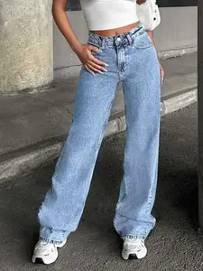 Simple Casual Low Waist Blue Snowflake Wide Leg Long Denim Jeans, Fitted Style, Comfortable and Stylish, Perfect for Everyday Wear, Barrel Leg Jeans