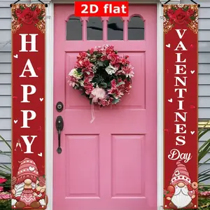 2D Flat 1 Valentine's Day Happy Porch Banner, 70.8inch x 11.8inch, Polyester Material, Couples & Roses Design, Outdoor Decoration, Porch Decor, Decorative Banner